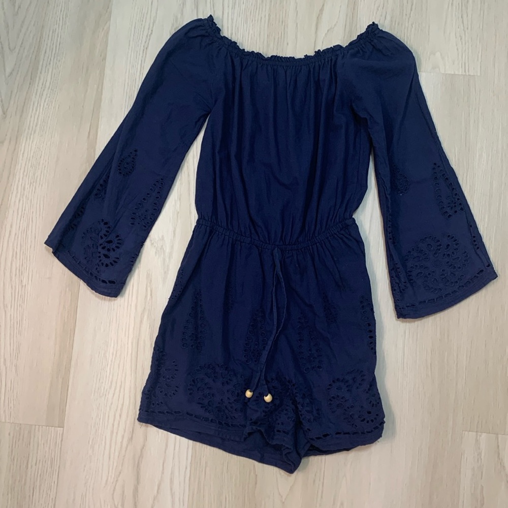 Rebellion girl’s long sleeved navy blue romper, size youth large.